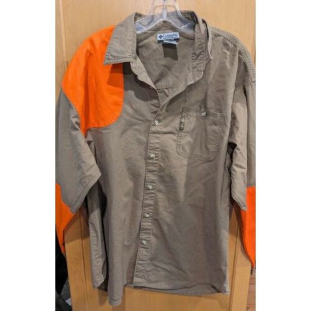 COLUMBIA Shooting Hunting Khaki‎ Bright Hi-Vis ORANGE Panels Long Sleeve Sz XL